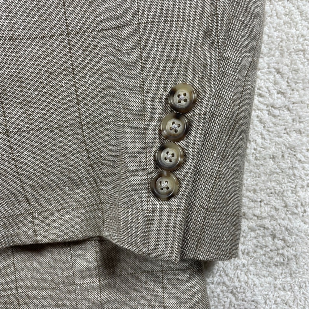 Jos A Bank Linen Silk Wool Executive Blazer 50L Tan Windowpane Plaid Sport Coat - Picture 8 of 14